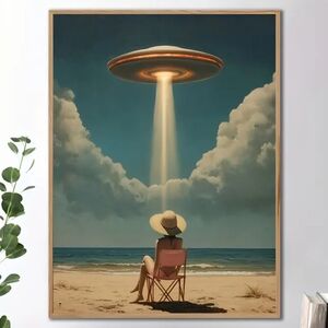 Beach UFO Canvas Art Print - Blue and Brown